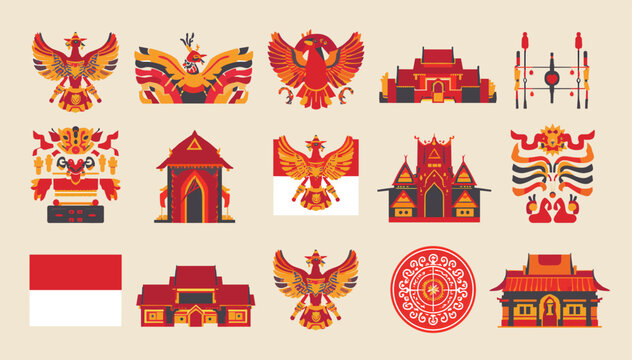Collection of Indonesian cultural symbols and traditional architecture, including Garuda Pancasila emblem and national flag, representing the rich heritage.