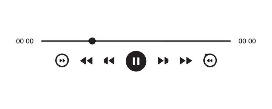 Dark audio visual progress bar and playback control buttons for digital music player interface.