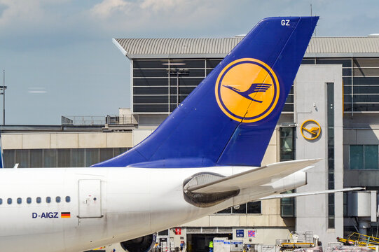 Frankfurt, Germany - 18 April 2026: Tail fin of a Lufthansa Airbus A340 (registration D-AIGZ) at Frankfurt International Airport