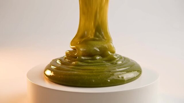 Thick green viscous liquid pouring onto a white pedestal in studio light.