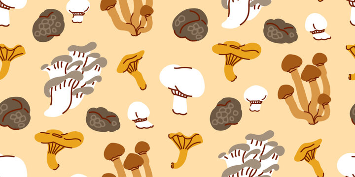 Seamless pattern with edible mushrooms on vanilla, truffle, chanterelle, oyster mushroom, champignon, harvesting in the forest, illustration for packaging, paper, fabric