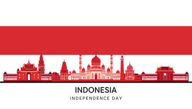 Indonesian Independence Day celebration with a red and white flag background and a detailed silhouette of famous Indonesian landmarks and architecture.