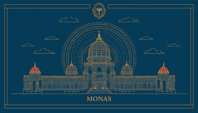Stylized golden line art illustration of the Monumen Nasional (MONAS) in Jakarta, Indonesia, against a deep blue background with decorative elements.