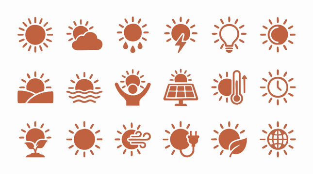Sun and Solar Energy Icons for Weather, Environment, and Renewable Power