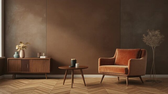 Earth-toned room with armchair, cabinet, round table, and herringbone floor