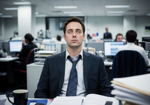 Stressed businessman in a busy office environment with eyes rolled back in frustration