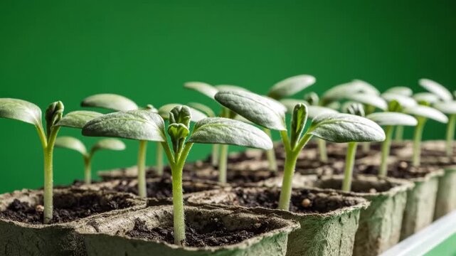 Timelapse of green seedlings growing in peat pots against green background.
