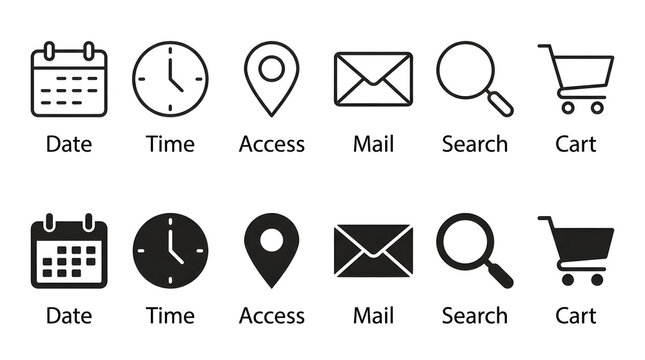 A set of modern icons representing common digital functions, including calendar, clock, location, email, search, and shopping cart, presented in both outline and solid styles.