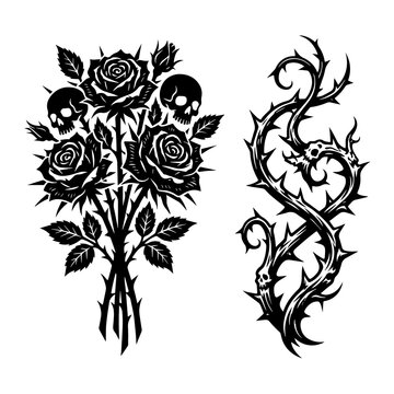 Skulls with rose bouquet and thorny vine graphic set illustration botanical