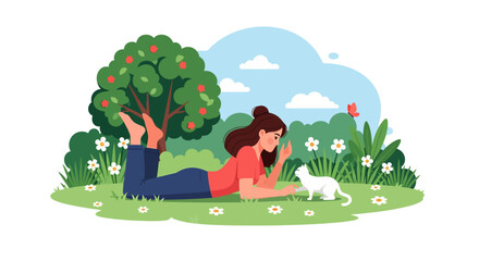 Fototapeta premium Flat vector illustration of a young woman lying on grass playing with a white cat in a sunny garden with flowers, trees, and butterfly under a blue sky on a white background.