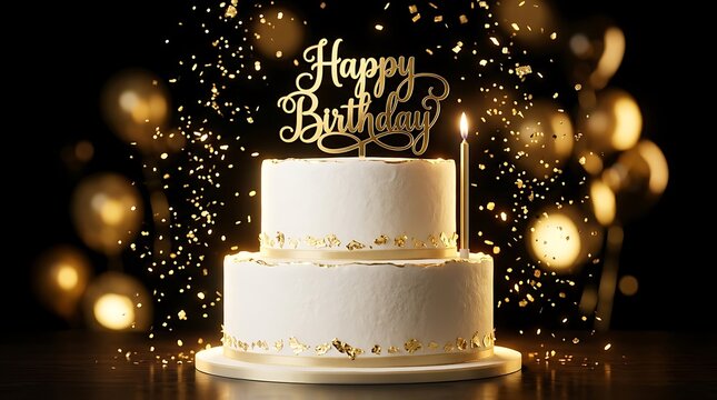 happy birthday elegant white two tier cake gold script topper candle confetti background