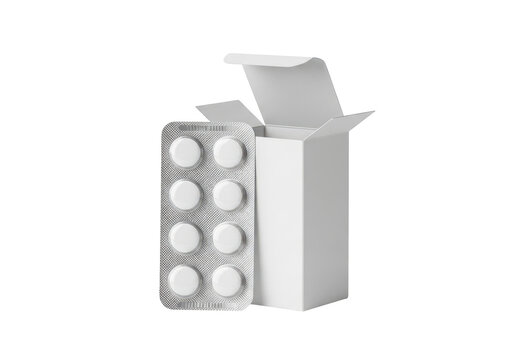 Pill blister pack and open box isolated on transparent background, medication, healthcare, pharmaceutical product, medicine packaging.