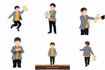 Fototapeta premium Successful Little Boy Character Set Holding Graduation Certificate and Receiving Award, Smart Kid in Suit Vector Illustration