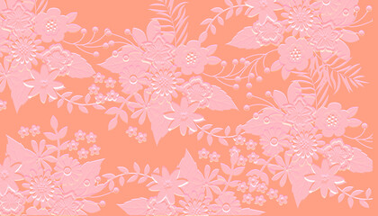 Fototapeta premium Elegant peach seamless floral pattern featuring a 3D embossed texture pink background with layered leaf and flowers shapes.
