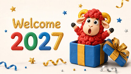 Naklejka premium Red sheep jumping out of gift box with Welcome 2027 text. Cute clay character as symbol of New Year. Cartoon animal celebration design for holiday greeting card and festive poster.