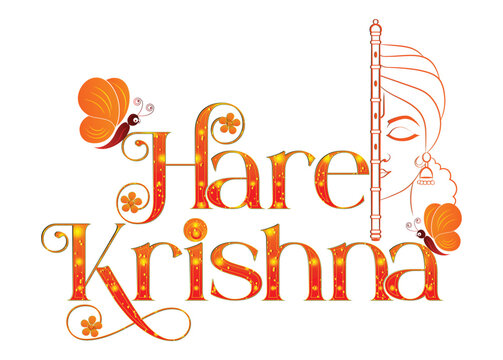 Hare Krishna Typography Vector with Lord Krishna Face and Flute
