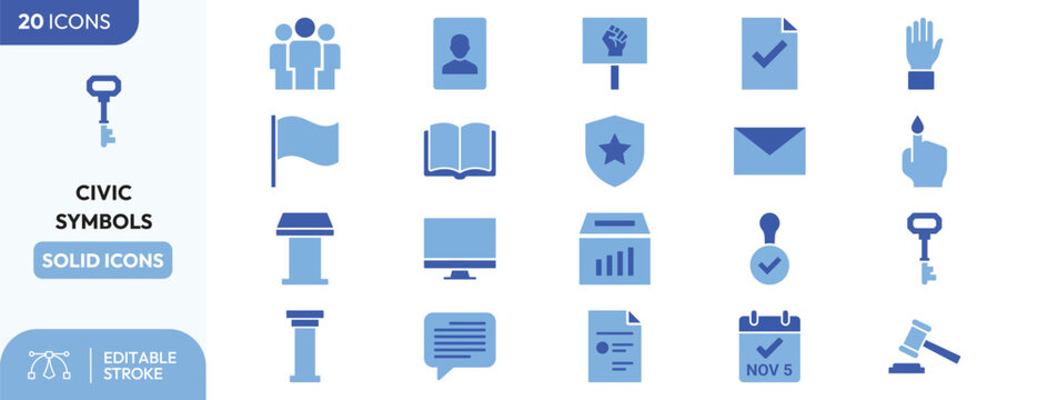 Civic Government icon set. Containing democracy symbols, legal icons, public service icons, and more. Editable stroke. Vector illustration.