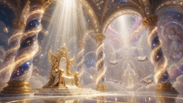 Celestial throne room bathed in golden rays, surrounded by cosmic pillars