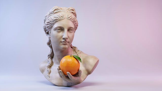 Classical marble bust statue holding a fresh orange fruit in elegant artistic composition and creative concept transparent background
