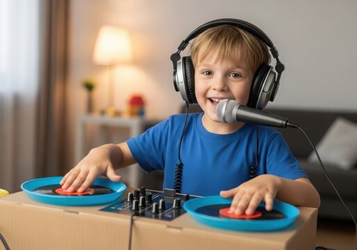 A happy young boy wearing large headphones and pretending to be a dj with a cardboard turntable setup and a microphone in his home