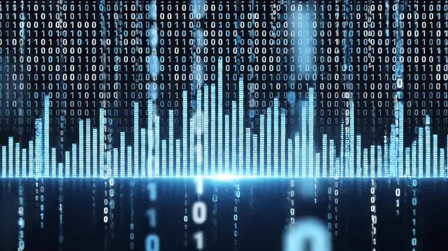 Futuristic digital binary code streams with glowing blue bar graph effect