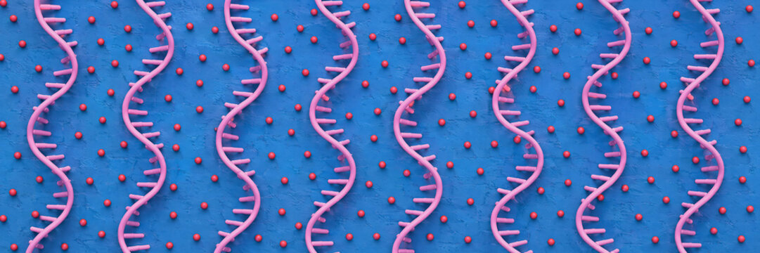 Abstract 3D rendering of DNA strands and red spheres on blue background