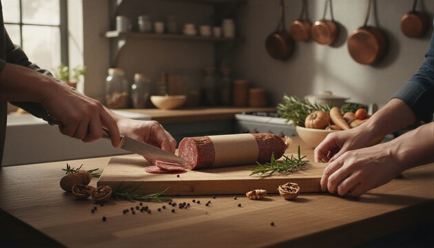 Friends preparing artisanal salami on rustic wooden board