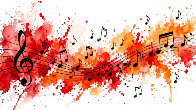 Vibrant watercolor background with musical notes and paint splashes