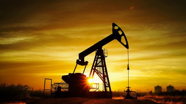Sunset oil pump jack moving rhythmically in a rural field silhouette energy industry landscape