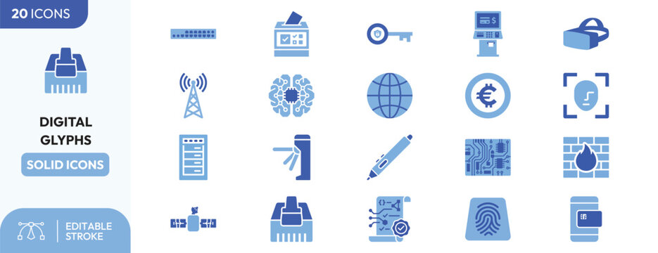 Digital Infrastructure icon set. Containing servers, blockchain, virtual reality, security lock, currency, and more. Editable stroke. Vector illustration.