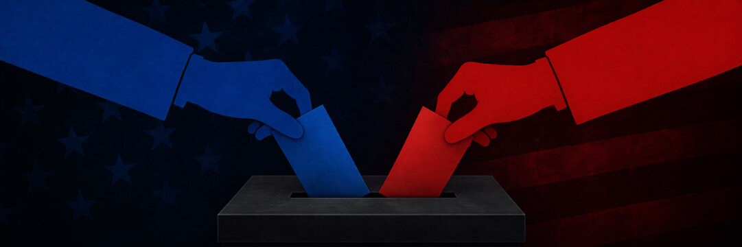Two hands in blue and red voting in a ballot box with patriotic background