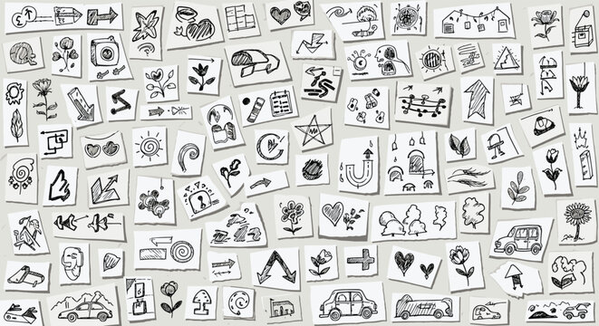 Comprehensive collection of various hand-drawn doodles and sketches including cars, plants, hearts, and symbols on a textured background.