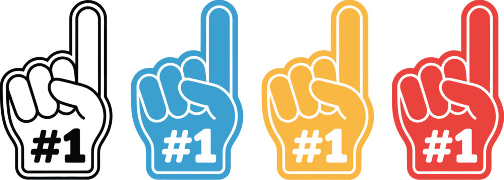 Number One foam hand sports fan icon featuring raised forefinger, cheering gesture, team support, and championship celebration concept, vector