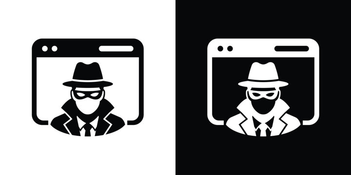 Anonymous spy agent on internet browser window vector icon. Cyber security hacker phishing illustration. Web protection flat graphic.