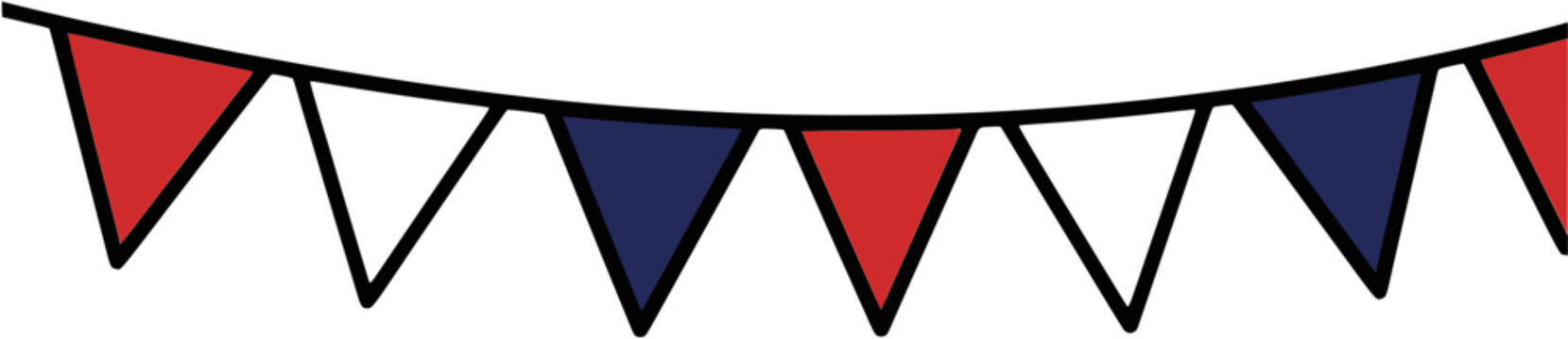 Festive red, white, and blue triangular bunting banner. Flat vector illustration isolated on white. Perfect hanging decoration for 4th of July, patriotic events, and party invitations