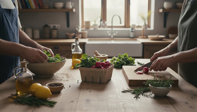 Friends preparing garden salad with fresh radishes at home