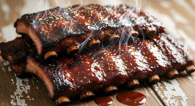 Smoked bbq ribs with glaze close up on wooden cutting board