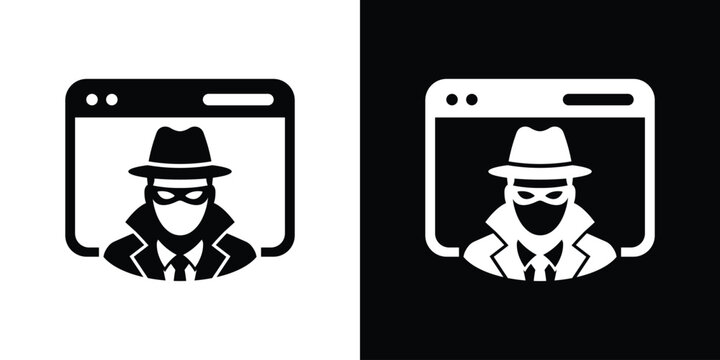 Anonymous spy agent on internet browser window vector icon. Cyber security hacker phishing illustration. Web protection flat graphic.