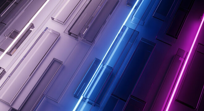 Neon Geometric Abstract: A vibrant abstract composition featuring glowing neon lines in blue and pink crisscrossing over a textured, geometric surface, creating a futuristic and energetic visual.