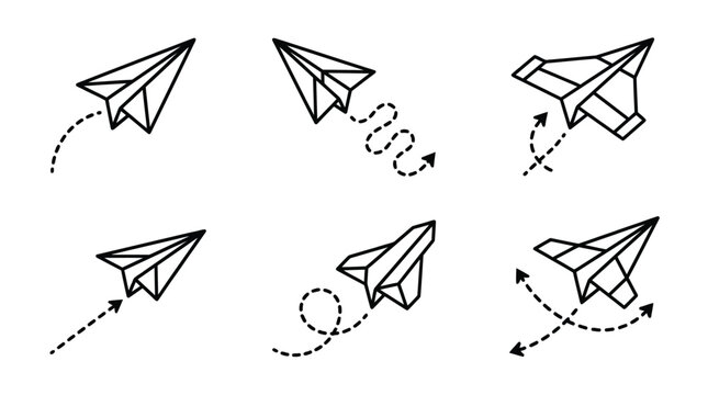 Minimalist paper plane vector icons, set of 6 hand drawn paper airplanes with dashed flight paths, black line art gliders for business startup concepts