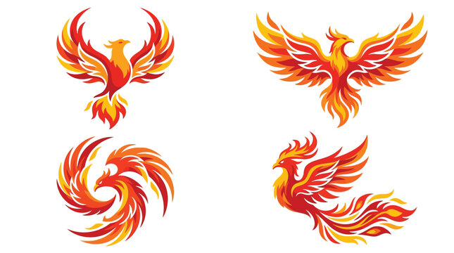 Phoenix bird logo set, mythical fire bird vector illustrations, 4 flaming phoenix icons in red and orange, rebirth and power symbols for branding