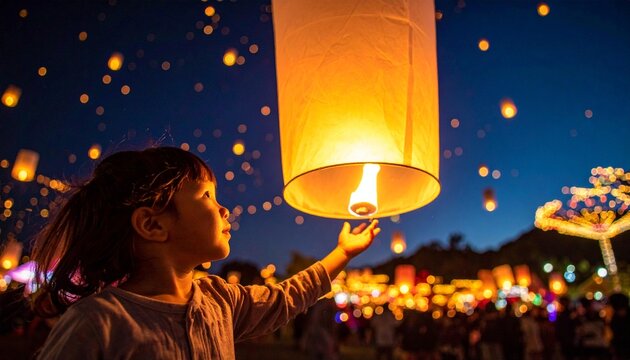 Young child releasing a glowing sky lantern at night festival