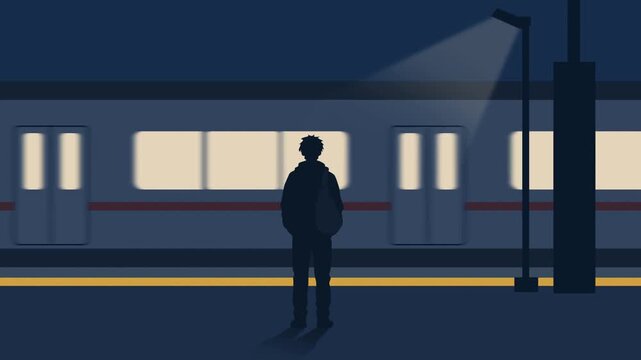 Lone Young Man Stands On A Quiet Night Train Platform While  the Train Passing In A Motion Blur Movement. Commuter Male Silhouette. Cinematic Animation of Solitude,  Journey, Time, And Reflection.