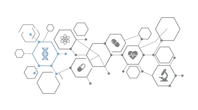 Medical science hexagonal network vector, biotechnology dna and healthcare icons, abstract molecular structure for pharmaceutical research