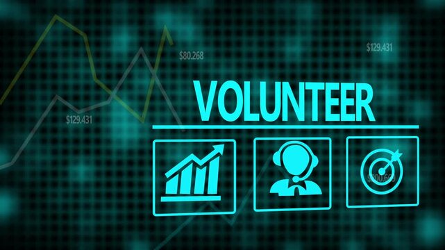 Volunteer business concept on a flashing computer monitor with moving graphs and data.