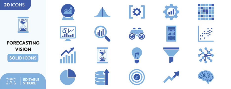 Forecasting Analytics icon set. Containing trend charts, neural networks, scatter plots, database growth, analytics tools. Editable stroke. Vector illustration.