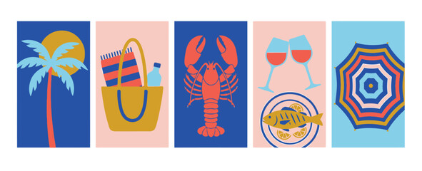 Fototapeta premium Retro summer vacation vector set, tropical beach holiday icons with lobster and palm tree, coastal lifestyle illustrations for travel posters