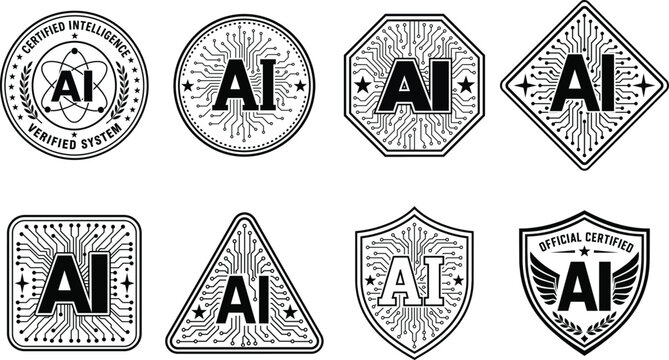 Artificial Intelligence Verified Badge Set AI Certification Labels and Security Seals Collection