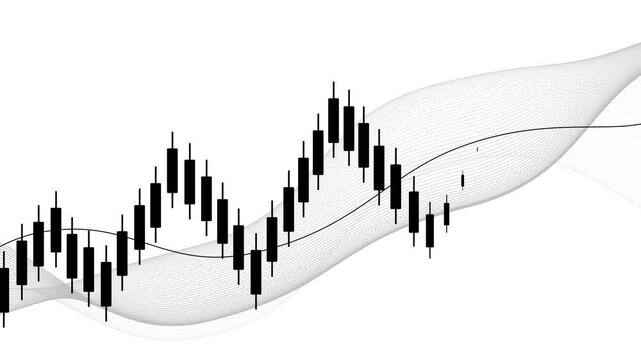 Candlestick chart with flowing wave lines animation, Candlestick chart and flowing wave-like white lines, minimal financial concept image.