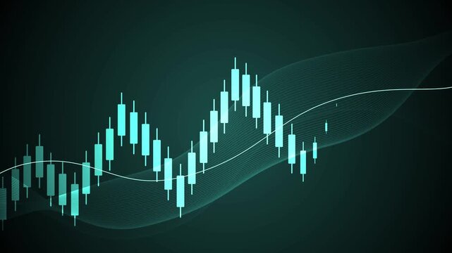 Abstract candlestick trading chart animation, Stylized financial candlestick chart on dark background with flowing wave lines, modern tech aesthetic